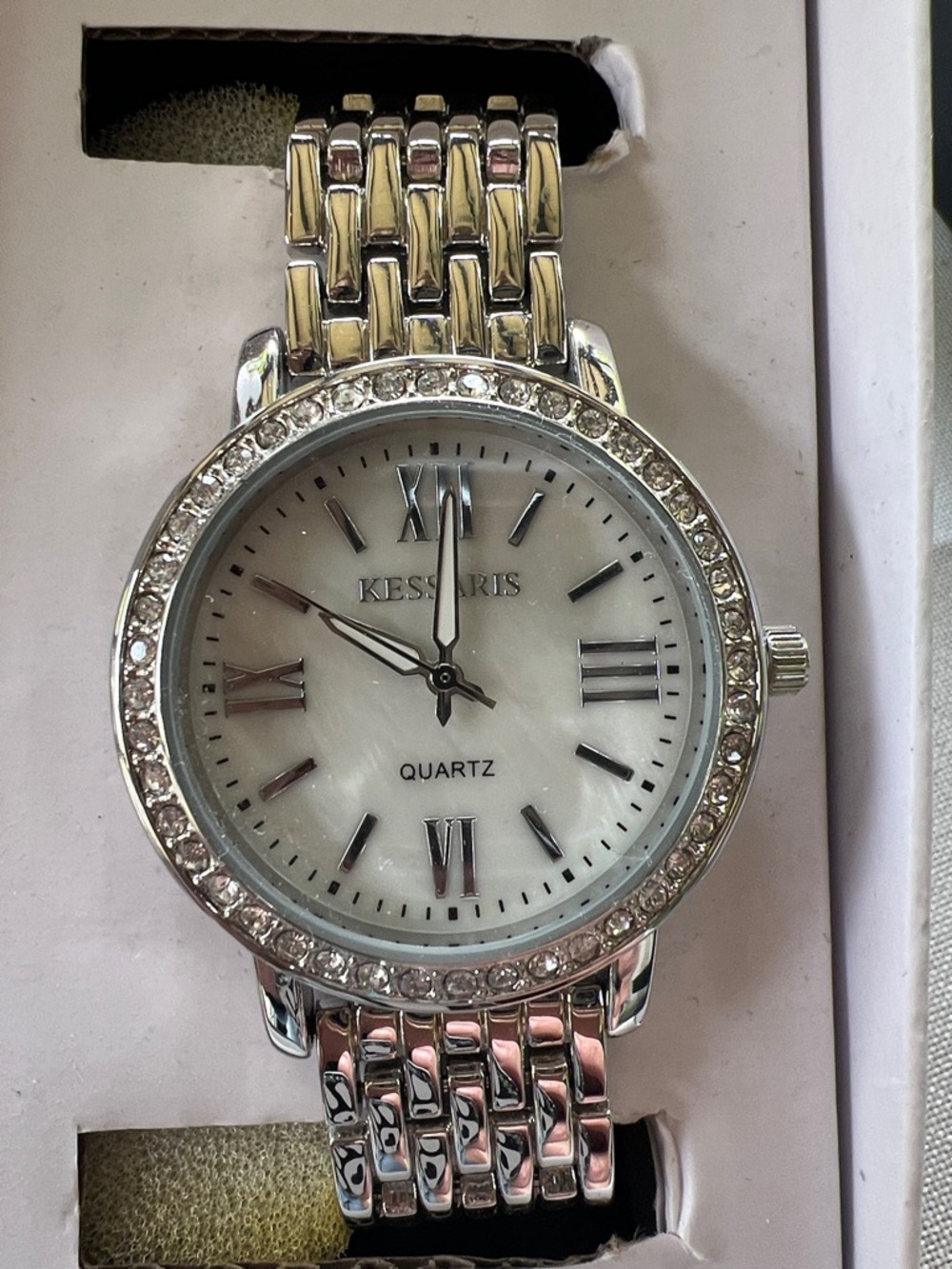 Kessaris Women's Silver-Tone Crystal Bezel Quartz Watch